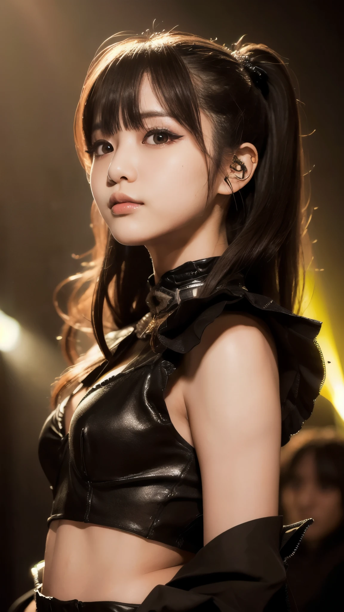 (masterpiece),(Highest quality:1.2),(Very detailed:1.2),(High resolution),(Photorealistic Stick),(RAW Photos),8K,Backlight,(Written boundary depth),(Sophisticated lighting:1.1), (Improving cinematic lighting quality:0.9),Photo of a woman in a black dress by Babymetal,((moakiku:1.3)),whole bodyポートレート,(Eye light,Sharp pupils,Detailed eye drawing,)Very beautiful face,(Detailed skin texture:1.3),(Beautiful portrait:1.2),A lovely and delicate face,Beautiful young Japanese woman,Look at this,front,((whole body)),((Heavy metal concert stage)),(Flashy makeup)