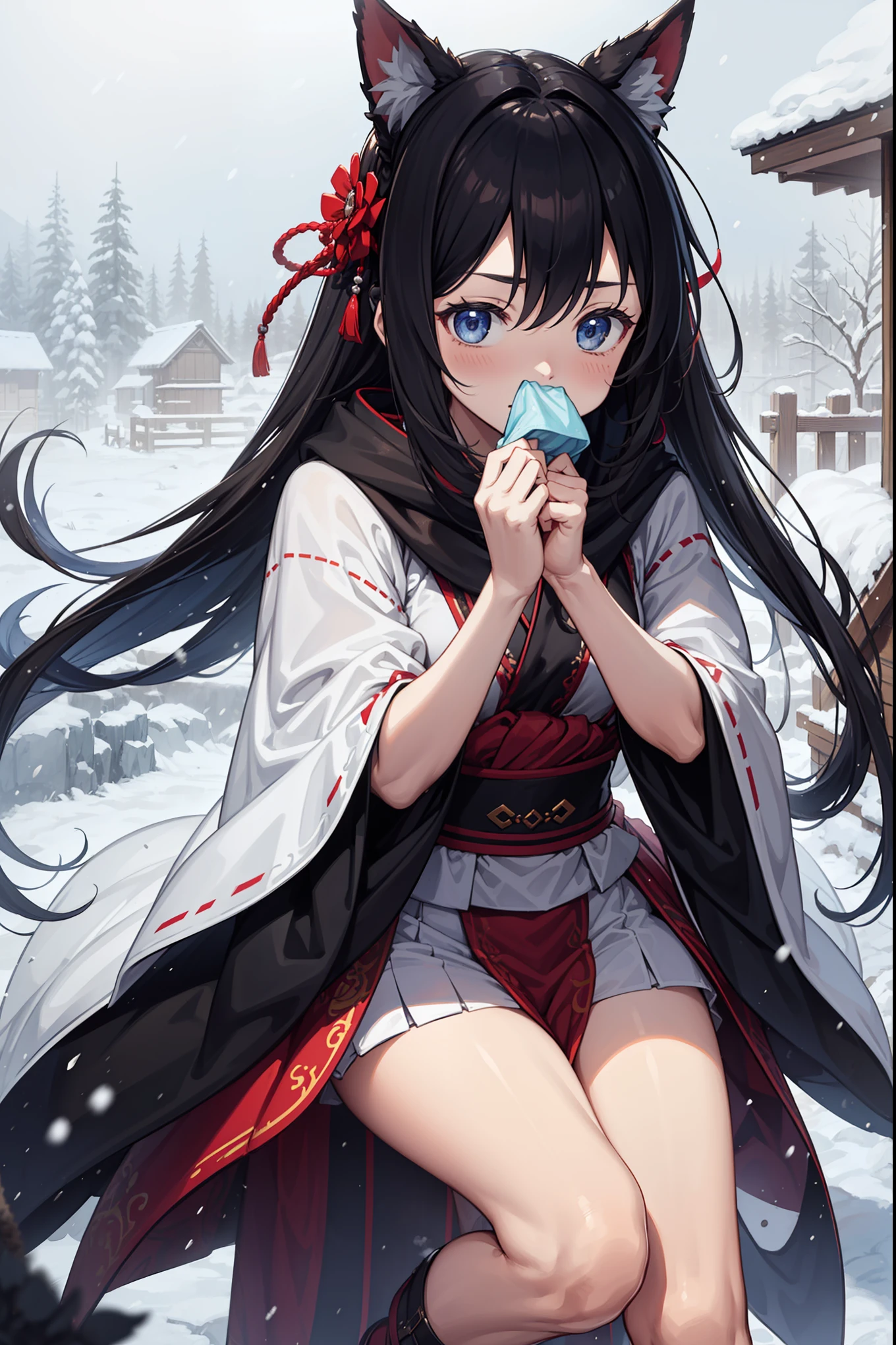 winter, landscape, snow, cold, trembling, Runny nose, breathe, 流Runny nose, outdoor, 1 girl, solitary, Mira Maxwell, high resolution, absurd,Pose gracefully
