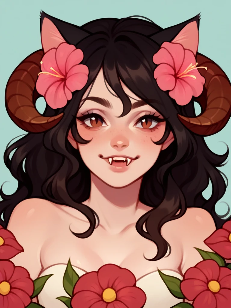 Half body, A beautiful woman, long wavy black hair, brown eyes, with Flower Clothes , cat ears and tail, fangs, horns, sexi