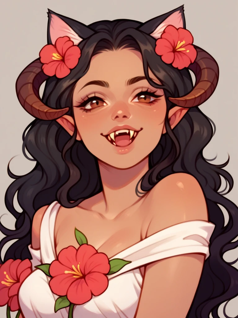 Half body, A beautiful woman, long wavy black hair, brown eyes, with Flower Clothes , cat ears and tail, fangs, horns, sexi