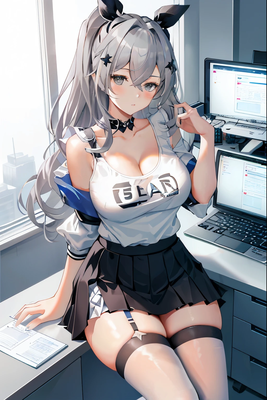 Silver wolf, honkai star rail, 1girl, solo, ((white shirt)), black thighhighs, breasts, cleavage, uniform, office background, black skirt, pleated skirt, office, hair between eyes, hair ornament, large breasts, long hair, looking at viewer, silver short nails, grey eyes, solo, thighhighs, thighs, ((masterpiece)), sitting, chair, desk, computer on desk, name tag, id tag, indoor, blush, sexy pose, hands behind, ((office top)),