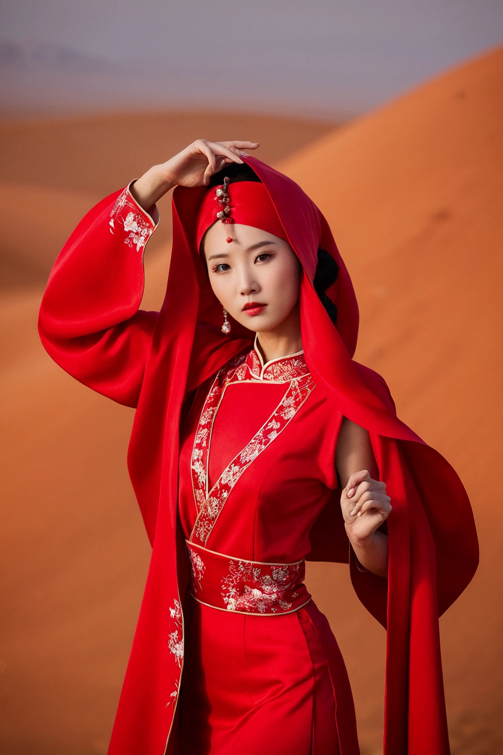 There is a woman in a red dress in the desert,wearing Red clothes, Red clothes, Wearing a beautiful red cape, wearing red attire, Red robe, fully clothed in Red robes, Asian woman, an Asian woman, Red Kimono, 穿着Red clothes, Chinese woman, wearing Red robes, a young Asian woman, Wearing red cheongsam