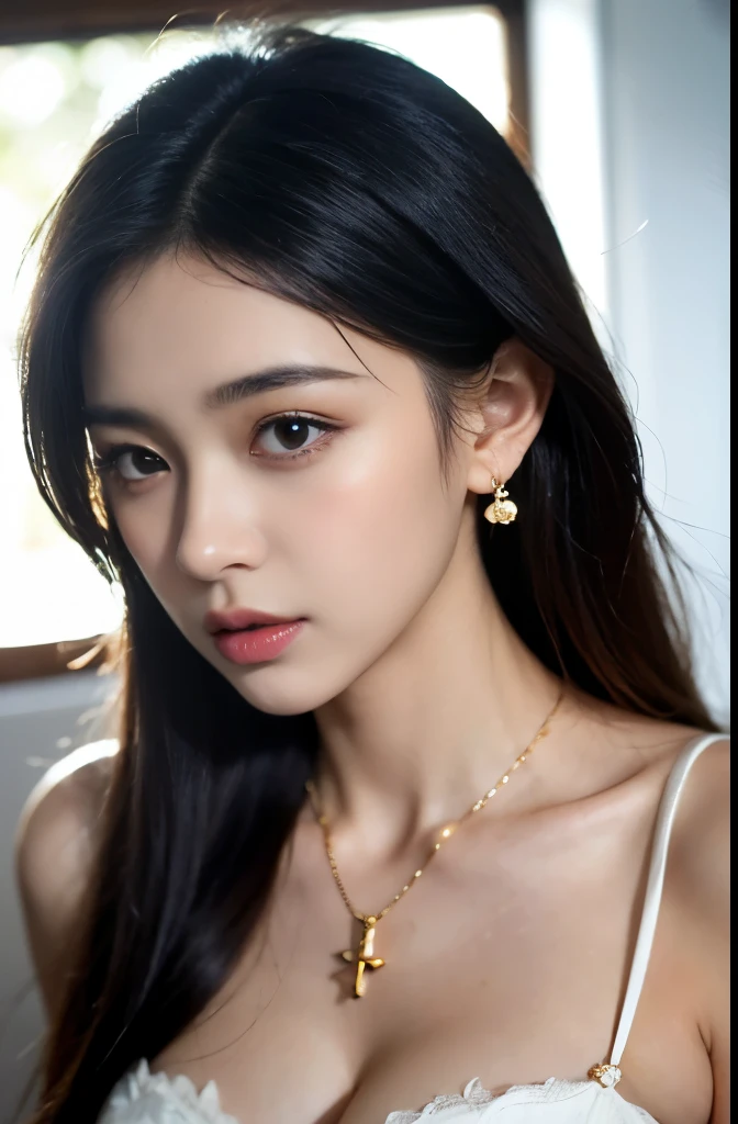 (masterpiece:1.3), (8 thousand, realistic, RAW photos, best quality: 1.4), (1 woman),(very sexy), (Beautiful makeover), (유난히 아름다운 realistic 얼굴), (Build a beautiful body) , (long eyelashes),  (double eyelid), (black hair. parted, long hair:1.3), (아름다운 parted스타일), (Realistic and truly beautiful and delicate eyes), (beautiful and big breasts), (realistic and beautiful skin), (absurd), (attractive), (ultra high resolution), (extremely realistic), (very detailed), (golden ratio),   (necklace),  (earring), (So beautiful and sexy)