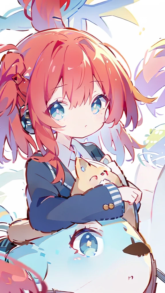 Half Up、Red Hair、wearing a blazer、Wearing headphones、Round eyes、blue eyes