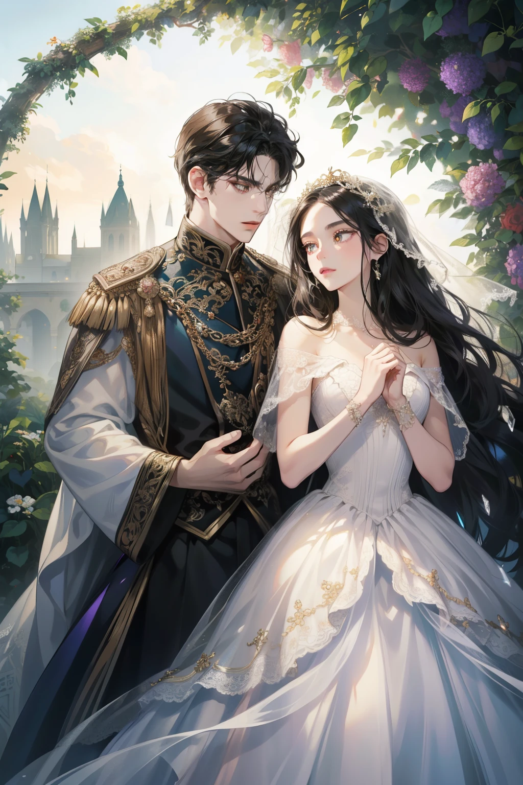 A breathtaking bride, adorned with a cascade of dark blue, raven-dark hair, and mesmerizing golden eyes, gracefully walks towards her partner at a beautifully set nature-themed wedding venue. The intricate details of her wedding dress are highlighted in high definition, its fabric flowing majestically in the gentle breeze. The intensity of her red-eyed groom's gaze, filled with love and anticipation, mirrors the vibrant hues of the surrounding flora, creating a captivating tableau.