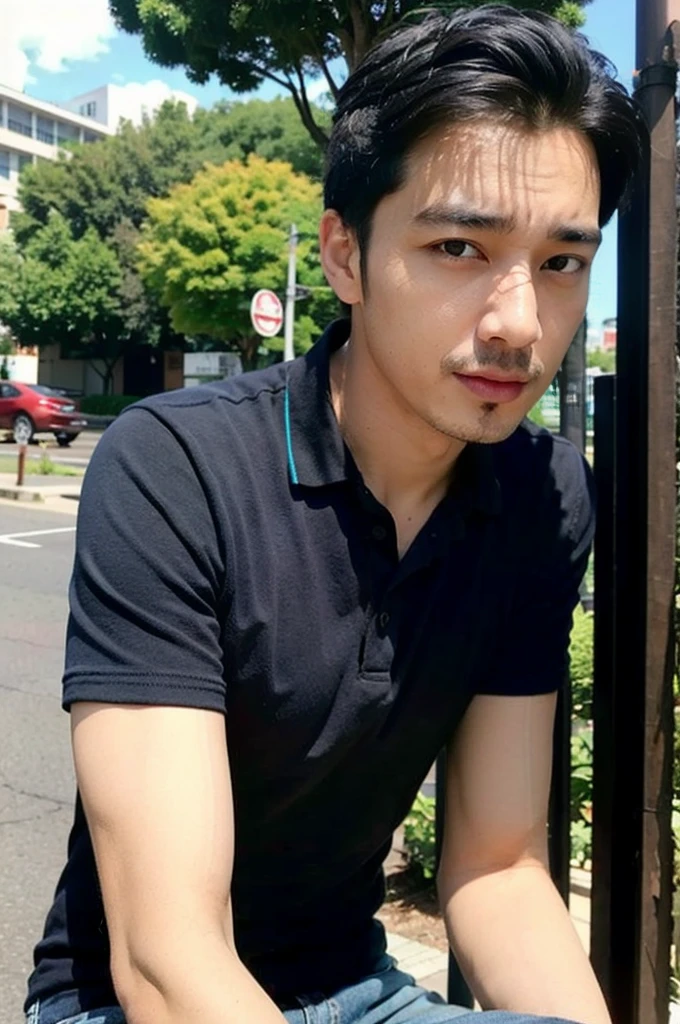 ((realistic daylight)) , Young Korean man in a navy blue polo shirt and jeans, A handsome, muscular young Asian man looks at the camera. In a simple t-shirt blue and red , roadside traffic ,turn sideways