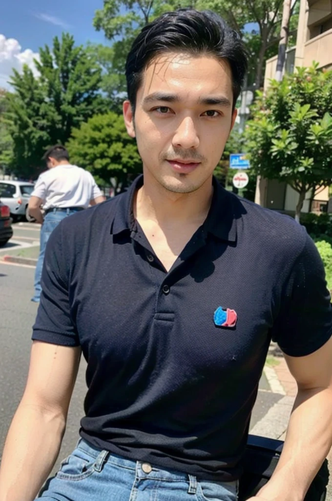 ((realistic daylight)) , Young Korean man in a simple black t-shirt only, no pattern, and jeans., A handsome, muscular young Asian man looks at the camera.  , in the football field ,turn sideways, smile