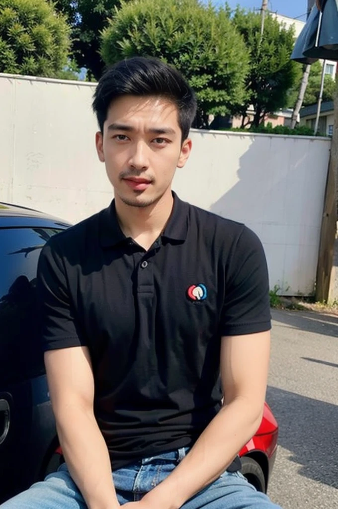 ((realistic daylight)) , Young Korean man in a navy blue polo shirt and jeans, A handsome, muscular young Asian man looks at the camera. In a simple t-shirt blue and red , roadside traffic ,turn sideways