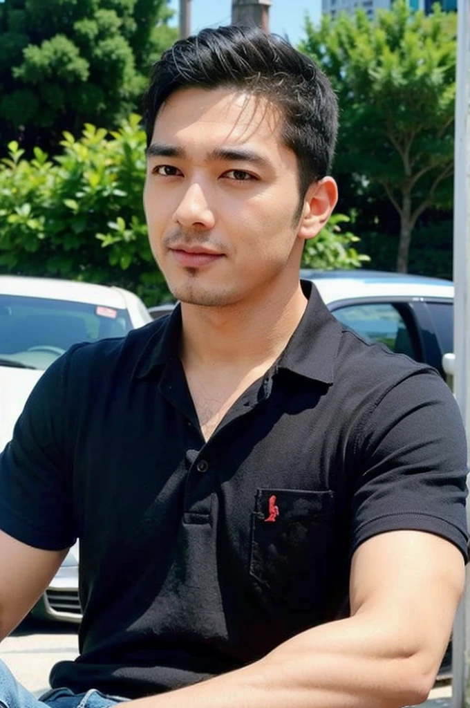 ((realistic daylight)) , Young Korean man in a navy blue polo shirt and jeans, A handsome, muscular young Asian man looks at the camera. In a simple t-shirt blue and red , roadside traffic ,turn sideways