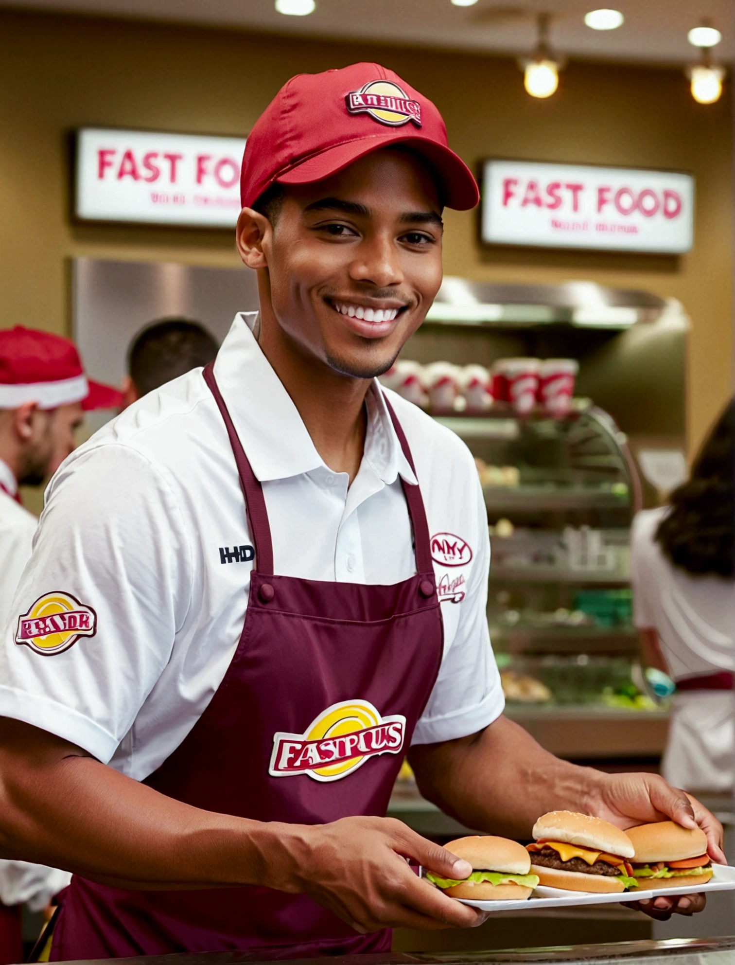 Aphotorealistic, ultra-detailed representation of a dedicated fast food worker serving customers behind the counter in an upper body shot. The individual, showcasing a genuine smile, is skillfully multitasking, handling various orders with precision and attention to detail. Their uniform, emblazoned with the familiar logos of the fast food chain, is worn neatly, and their hands move with dexterity as they assemble meals. The background is a blur of movement, customers lining up to place their orders. The scene is brightly lit, highlighting the worker's focused expression and the intricate mechanisms of the fast food assembly line. The image is shot in 8K UHD,