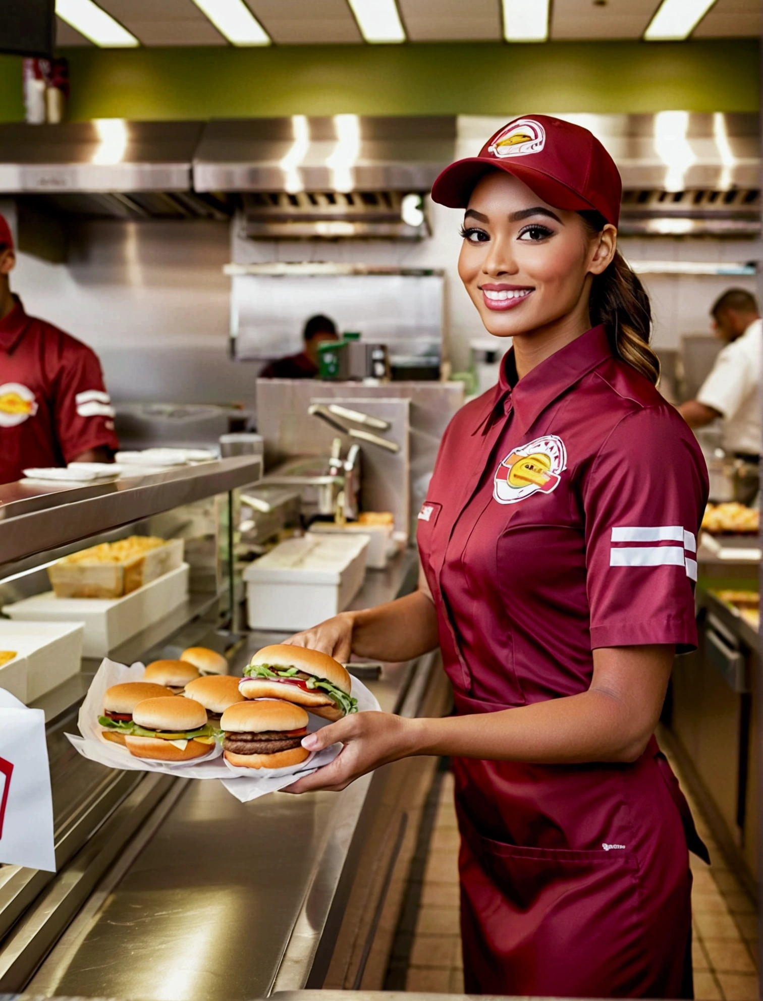 Aphotorealistic, ultra-detailed representation of a dedicated fast food worker serving customers behind the counter in an upper body shot. The individual, showcasing a genuine smile, is skillfully multitasking, handling various orders with precision and attention to detail. Their uniform, emblazoned with the familiar logos of the fast food chain, is worn neatly, and their hands move with dexterity as they assemble meals. The background is a blur of movement, customers lining up to place their orders. The scene is brightly lit, highlighting the worker's focused expression and the intricate mechanisms of the fast food assembly line. The image is shot in 8K UHD,