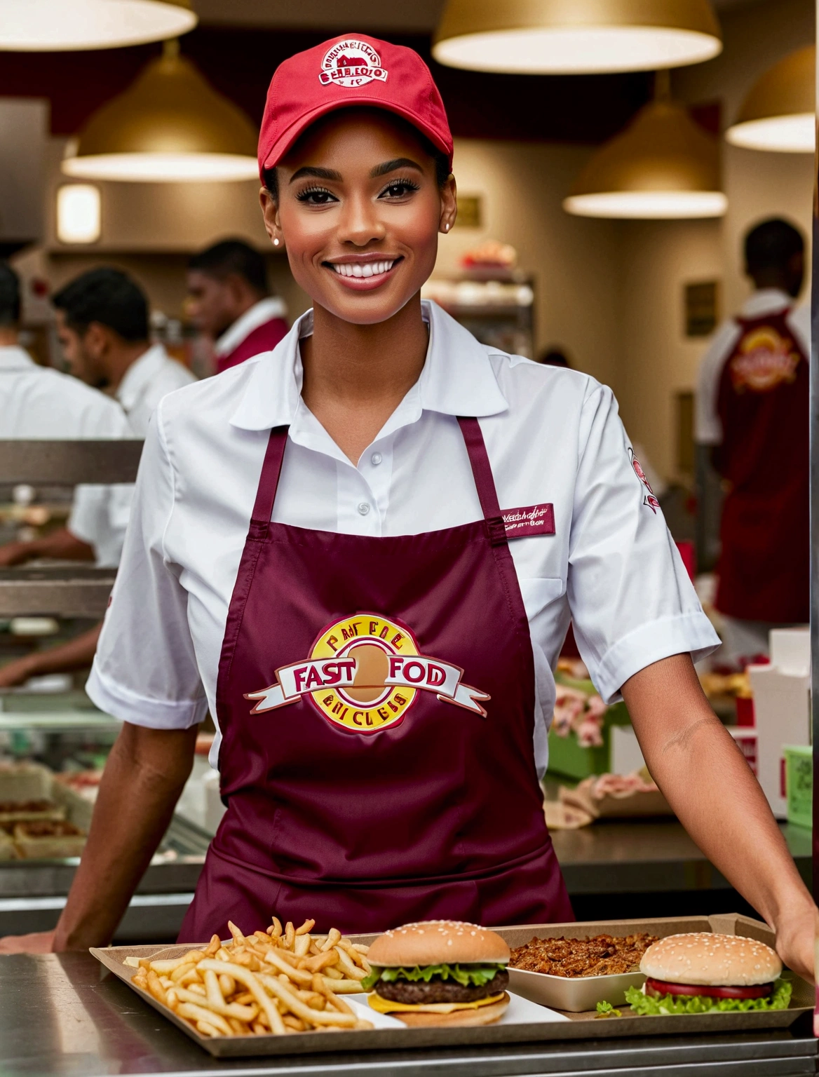 Aphotorealistic, ultra-detailed representation of a dedicated fast food worker serving customers behind the counter in an upper body shot. The individual, showcasing a genuine smile, is skillfully multitasking, handling various orders with precision and attention to detail. Their uniform, emblazoned with the familiar logos of the fast food chain, is worn neatly, and their hands move with dexterity as they assemble meals. The background is a blur of movement, customers lining up to place their orders. The scene is brightly lit, highlighting the worker's focused expression and the intricate mechanisms of the fast food assembly line. The image is shot in 8K UHD,