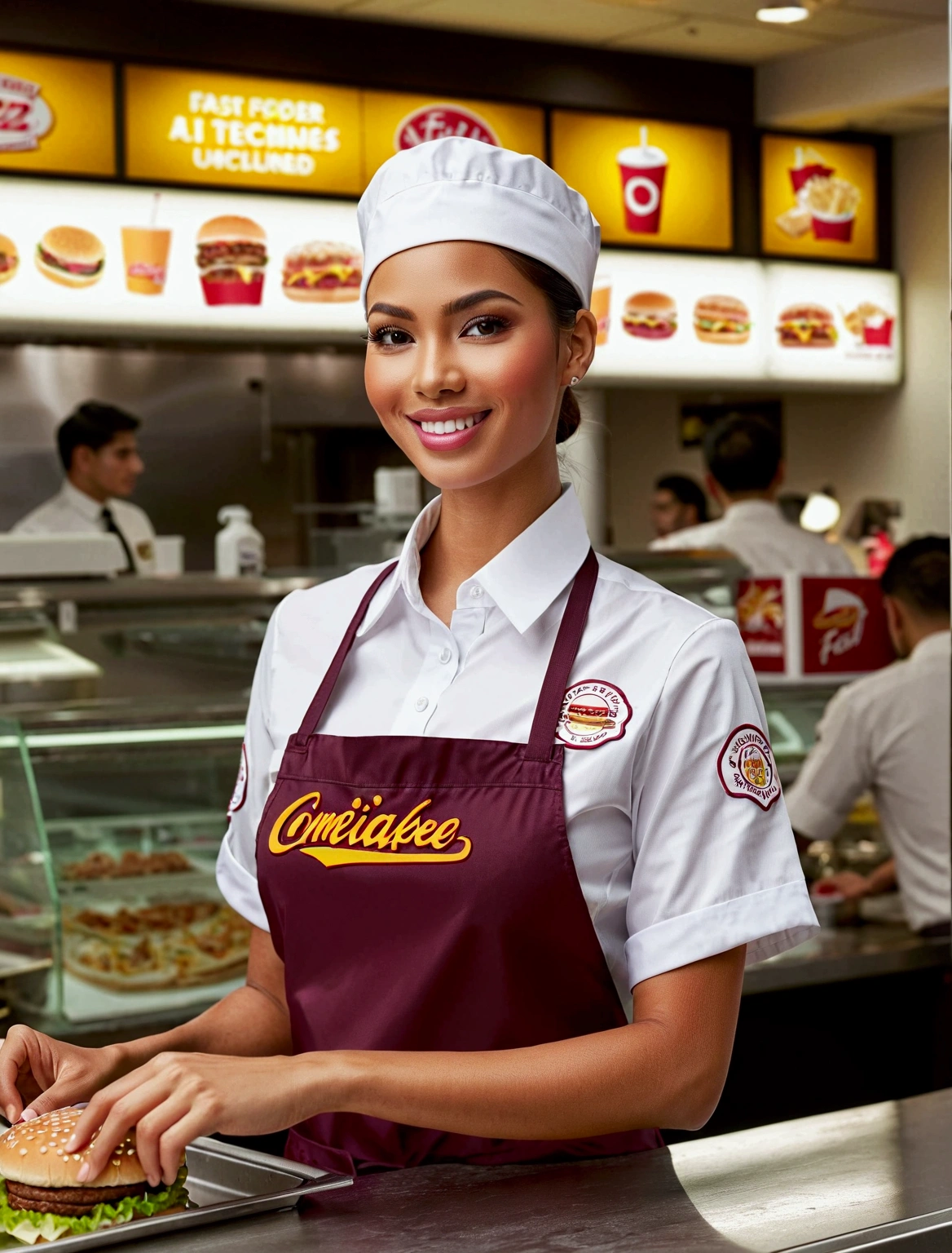 Aphotorealistic, ultra-detailed representation of a dedicated fast food worker serving customers behind the counter in an upper body shot. The individual, showcasing a genuine smile, is skillfully multitasking, handling various orders with precision and attention to detail. Their uniform, emblazoned with the familiar logos of the fast food chain, is worn neatly, and their hands move with dexterity as they assemble meals. The background is a blur of movement, customers lining up to place their orders. The scene is brightly lit, highlighting the worker's focused expression and the intricate mechanisms of the fast food assembly line. The image is shot in 8K UHD,