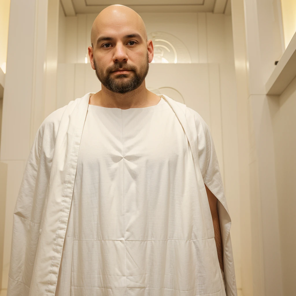 Spiritual 30 year old bald man, with abundant short beard, very neat and profiled,trustworthy face, full body.He is spiritual and wears a white blanket. It is located in a brightly lit white temple. frontal photo, front point of view, Approach, realist,extreme illuminated environment. yellow lights, light background