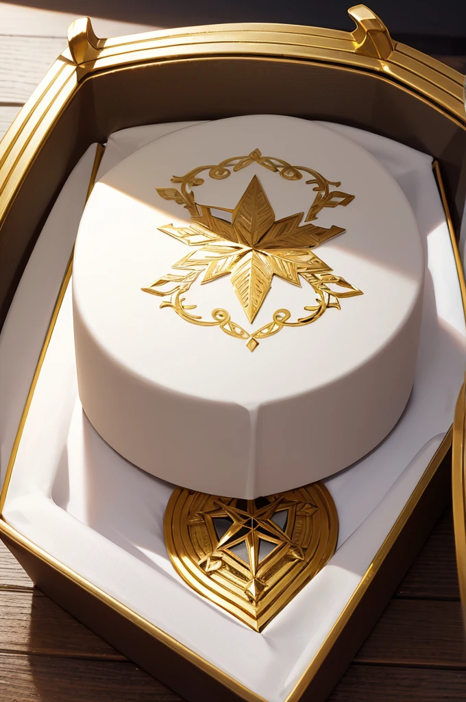 White gift box with gold border and gold logo