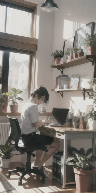 A person sitting at a desk, working on a laptop. The desk has a cup of coffee, some books, and a potted plant. The background is a cozy home office with warm lighting.
