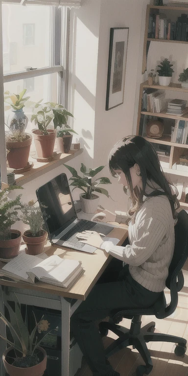 A person sitting at a desk, working on a laptop. The desk has a cup of coffee, some books, and a potted plant. The background is a cozy home office with warm lighting.
