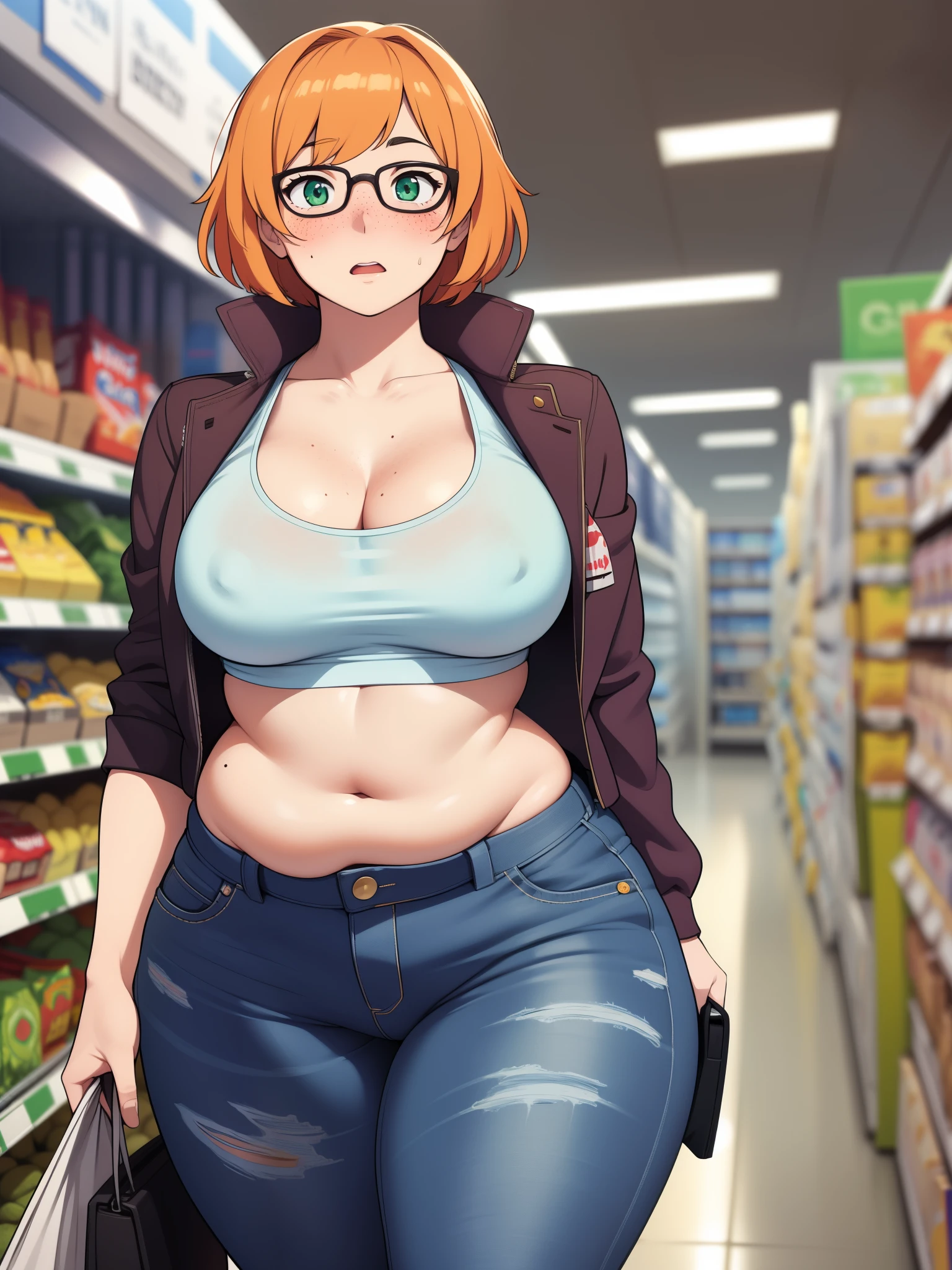 ((highres)), Masterpiece, high quality, best quality, beautiful, perfect lighting, detailed face, ultra cute face, cowboy shot, full body, ((1girl)), ((solo)), looking at viewer, skindentation, ((blushing)), shocked, embarrassed, short orange hair, green eyes, glasses, freckles, jeans, tank top, jacket, tight clothes, full body, grocery store, walking in a grocery store, walking, medium breasts, perky breasts, cleavage, ((wide hips)), ((thick thighs)), ((chubby)),