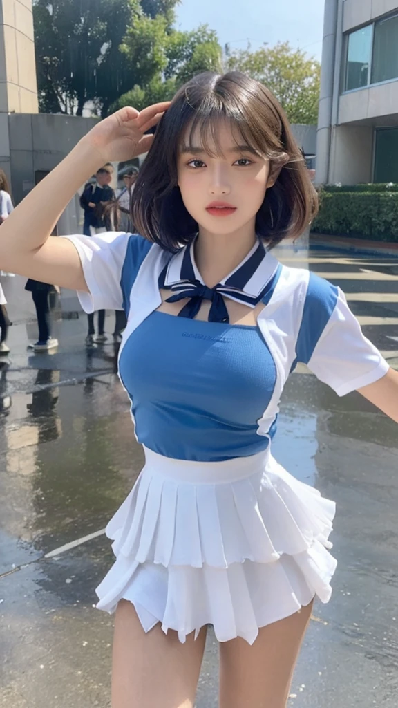 ((Best Quality, 8k, Masterpiece:1.3)), Focus:1.2, Perfect Body Beauty:1.4, Buttocks:1.2, ((Layered Haircut, Breasts:1.2)), (Dance uniform:1.2) , (Rain, Street:1.3), Bandeau Dress: 1.1, Highly Detailed Face and Skin Texture, Fine Eyes, Double Eyelids, Whitened Skin, Long Hair, (Shut Up: 1.3)