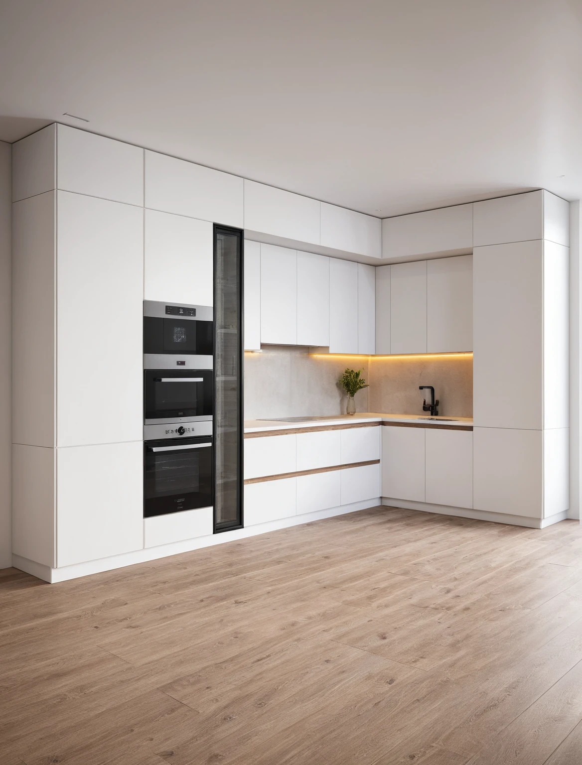 Raw photo,Masterpiece, high quality, best quality, authentic, super detail, interior , sunset, daylight, Kitchen Cabinets style modern, Induction cooker, sink, faucet, oven, built-in microwave, wooden floor, hood, wine cabinet, ((WHITE tones))