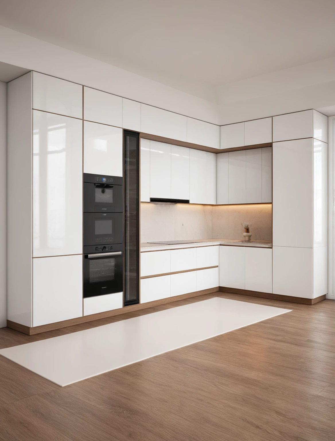 Raw photo,Masterpiece, high quality, best quality, authentic, super detail, interior , sunset, daylight, Kitchen Cabinets style modern, Induction cooker, sink, faucet, oven, built-in microwave, wooden floor, hood, wine cabinet, ((WHITE tones))