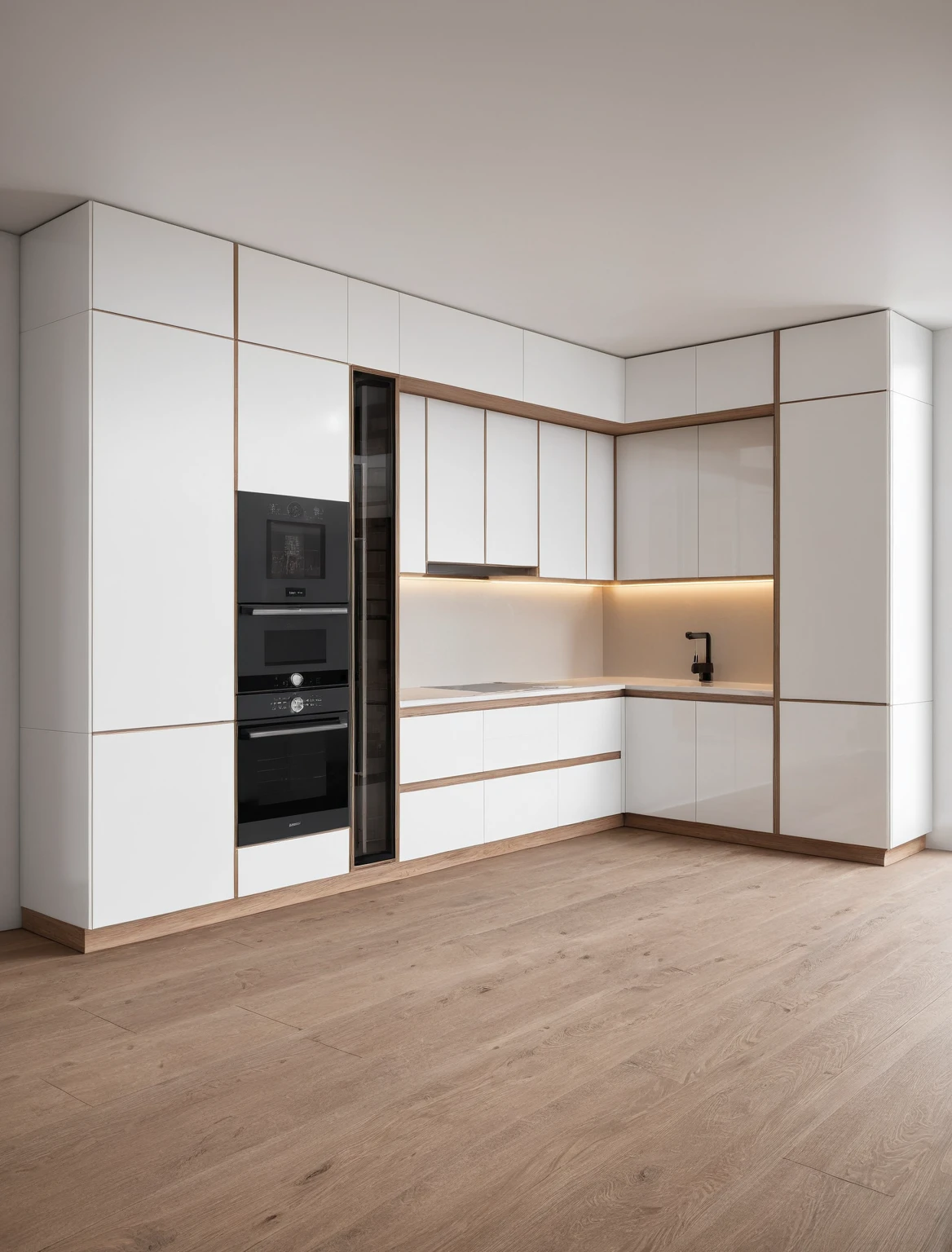 Raw photo,Masterpiece, high quality, best quality, authentic, super detail, interior , sunset, daylight, Kitchen Cabinets style modern, Induction cooker, sink, faucet, oven, built-in microwave, wooden floor, hood, wine cabinet, ((WHITE tones))