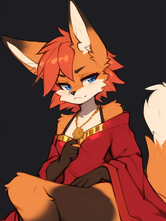 ((masterpiece, best quality)) by zackary911,zackary911, fluff-kevlar, by fluff-kevlar, anthro red fox, orange fur, female, solo, one character, fuury character, furry female. blue eyes, big ears, red robe. gold medallion, orange fur. fluffy fur, big tail, serious face, only one tail, dark background, no hair