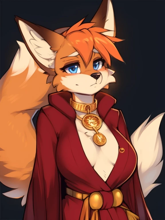 ((masterpiece, best quality)) by zackary911,zackary911, fluff-kevlar, by fluff-kevlar, anthro red fox, orange fur, female, solo, one character, fuury character, furry female. blue eyes, big ears, red robe. gold medallion, orange fur. fluffy fur, big tail, serious face, only one tail, dark background, no hair