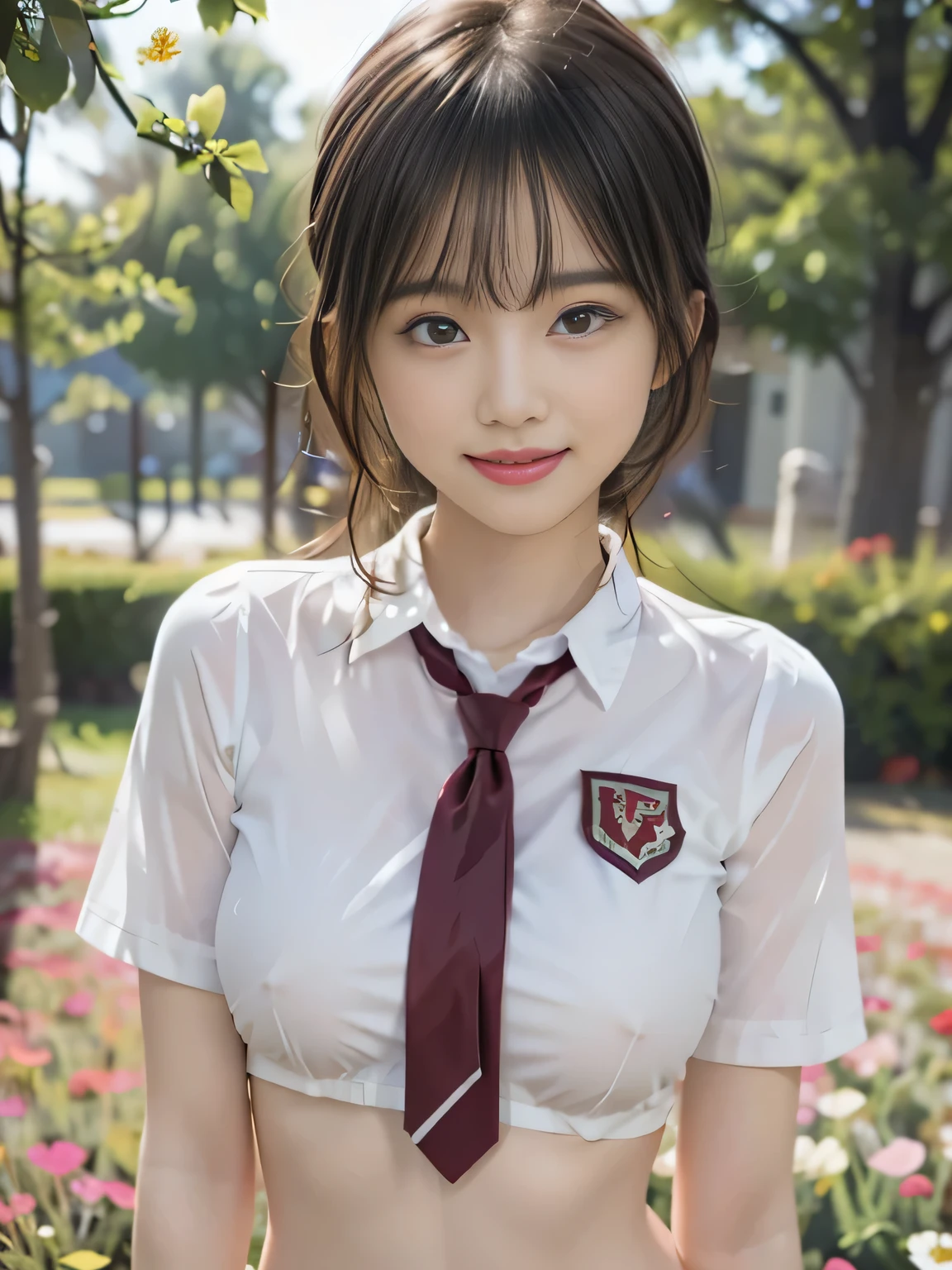 Mastepiece, Best Quality, (Highest quality、、masterpiece:1.3)、Ultra-high resolution、Physically Based Rendering、(Photorealistic:1.37)、Two beautiful women with perfect bodies:1.4、Slim abdomen:1.2、Highly detailed face and skin texture、 Red Cheeks、White skin、Narrow waist,Thin legs、Highest quality,Very beautiful woman, (cute:1.2),Perfect Glowing Skin、((Flower Field))、(((Full nudity)))、(((Upper body nude)))、smile、(((High school girl uniform)))、(((I see Chev)))、((tie))、(((Two Women)))