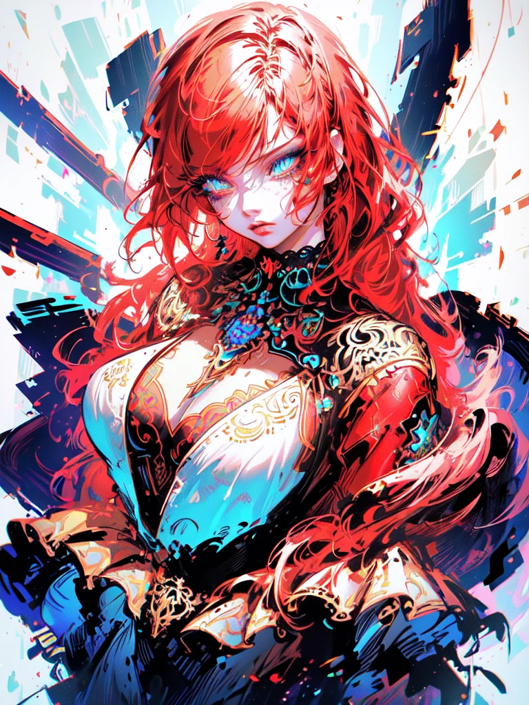 Red hair color,(masterpiece, best quality),(1 lady),(solo),(artstation),(dynamic),(charming),(magical),(unreal engine),(fantastically beautiful),(illustration),(dramatic lighting),(rave background),(neon glow),(maximalist),(extremely detailed eyes and face),(long eyelashes),(intricate details),(vibrant colors),(cinematic lighting),(fantasy portrait)