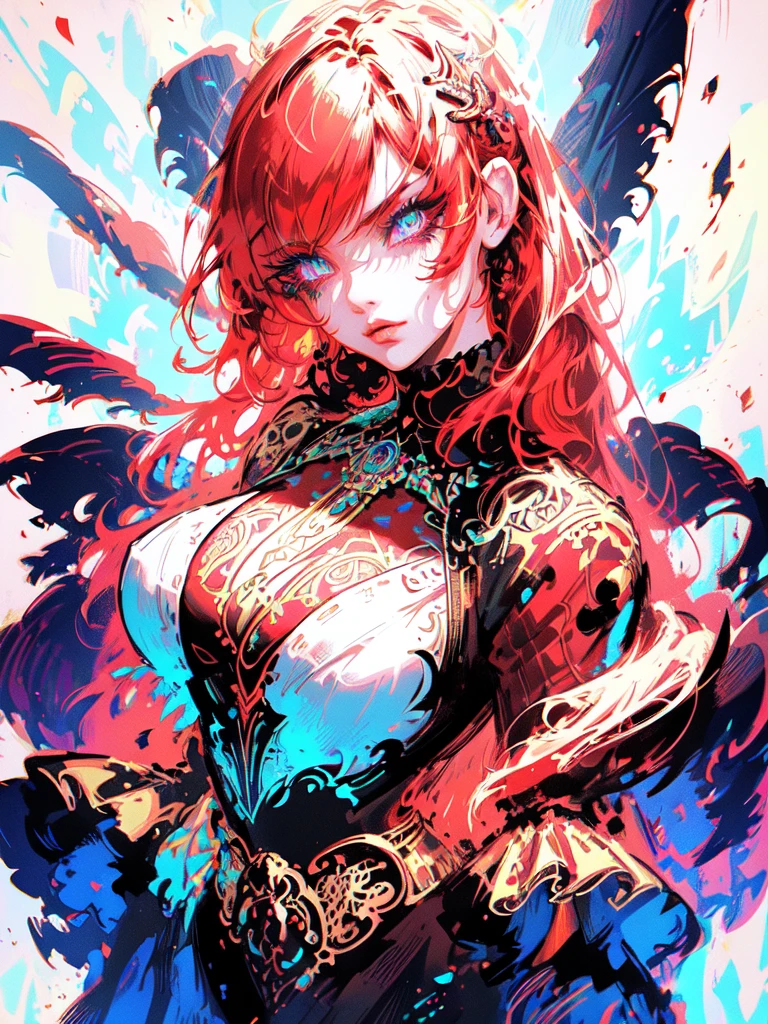 Red hair color,(masterpiece, best quality),(1 lady),(solo),(artstation),(dynamic),(charming),(magical),(unreal engine),(fantastically beautiful),(illustration),(dramatic lighting),(rave background),(neon glow),(maximalist),(extremely detailed eyes and face),(long eyelashes),(intricate details),(vibrant colors),(cinematic lighting),(fantasy portrait)