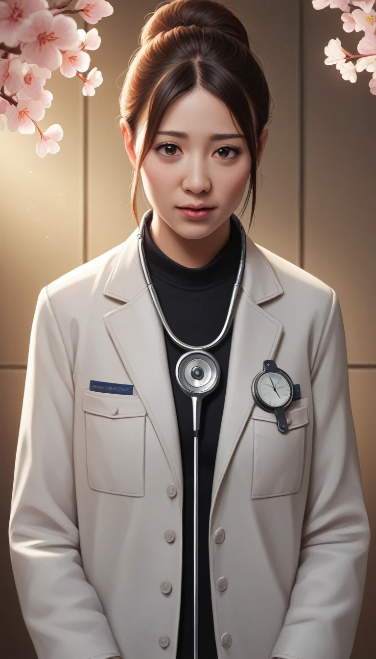 An Asian veterinarian, wearing a clean white lab coat and protective gloves, is working diligently in a hog farm. The image captures the veterinarian checking on a healthy pig, ensuring its well-being. The veterinarian uses a stethoscope to listen to the pig's heartbeat, displaying a look of concentration and care. The background showcases the hog farm's clean and organized environment, with other pigs visible in their pens, but artistically blurred to keep the focus on the veterinarian and the pig. The scene highlights the importance of animal care and the pig farming industry, emphasizing professionalism and dedication. The image should be rendered with extreme detail, ultra-detailed, best quality, 4k, 8k, highres, masterpiece:1.2, realistic, photorealistic, photo-realistic:1.37, extremely detailed CG unity 8k wallpaper, an extremely delicate and beautiful, fine detail, insane details, sharp focus, soft back, soothing tones, hyperdetailed, low contrast, exposure blend, illustration, beautiful lighting, perfect lighting, precise proportions, and cherry blossom on background. Ensure the image is rendered in high resolution with dimensions of 6465 x 4301 pixels.