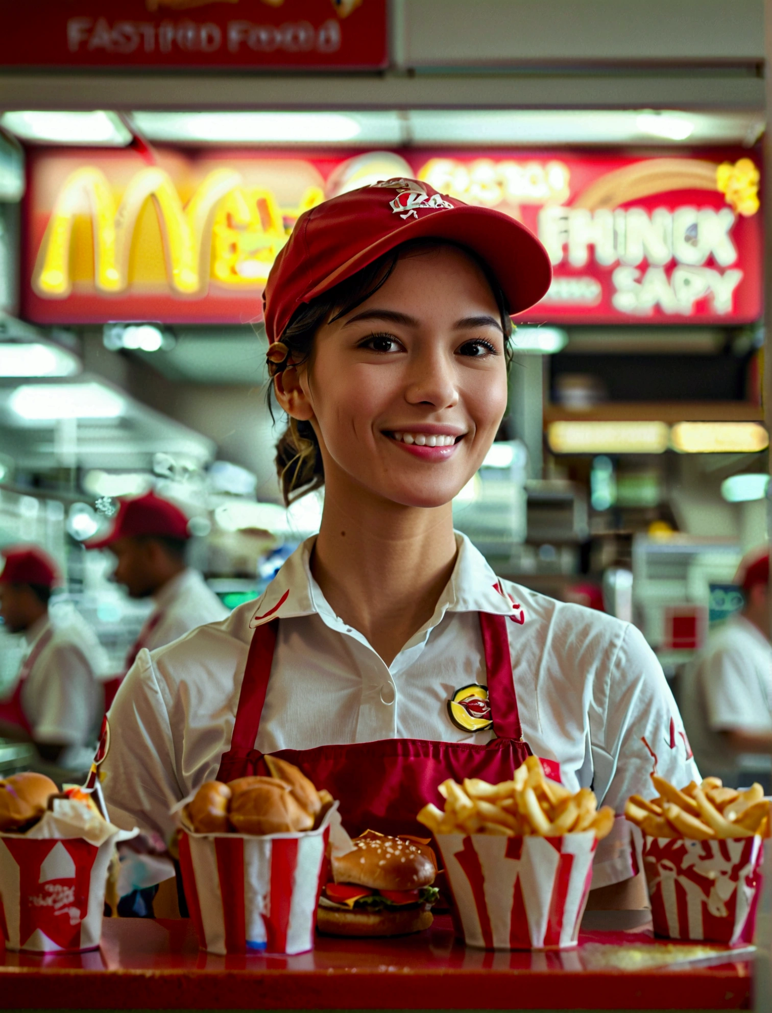 Aphotorealistic, ultra-detailed representation of a dedicated fast food worker serving customers behind the counter in an upper body shot. The individual, showcasing a genuine smile, is skillfully multitasking, handling various orders with precision and attention to detail. Their uniform, emblazoned with the familiar logos of the fast food chain, is worn neatly, and their hands move with dexterity as they assemble meals. The background is a blur of movement, customers lining up to place their orders. The scene is brightly lit, highlighting the worker's focused expression and the intricate mechanisms of the fast food assembly line. The image is shot in 8K UHD,