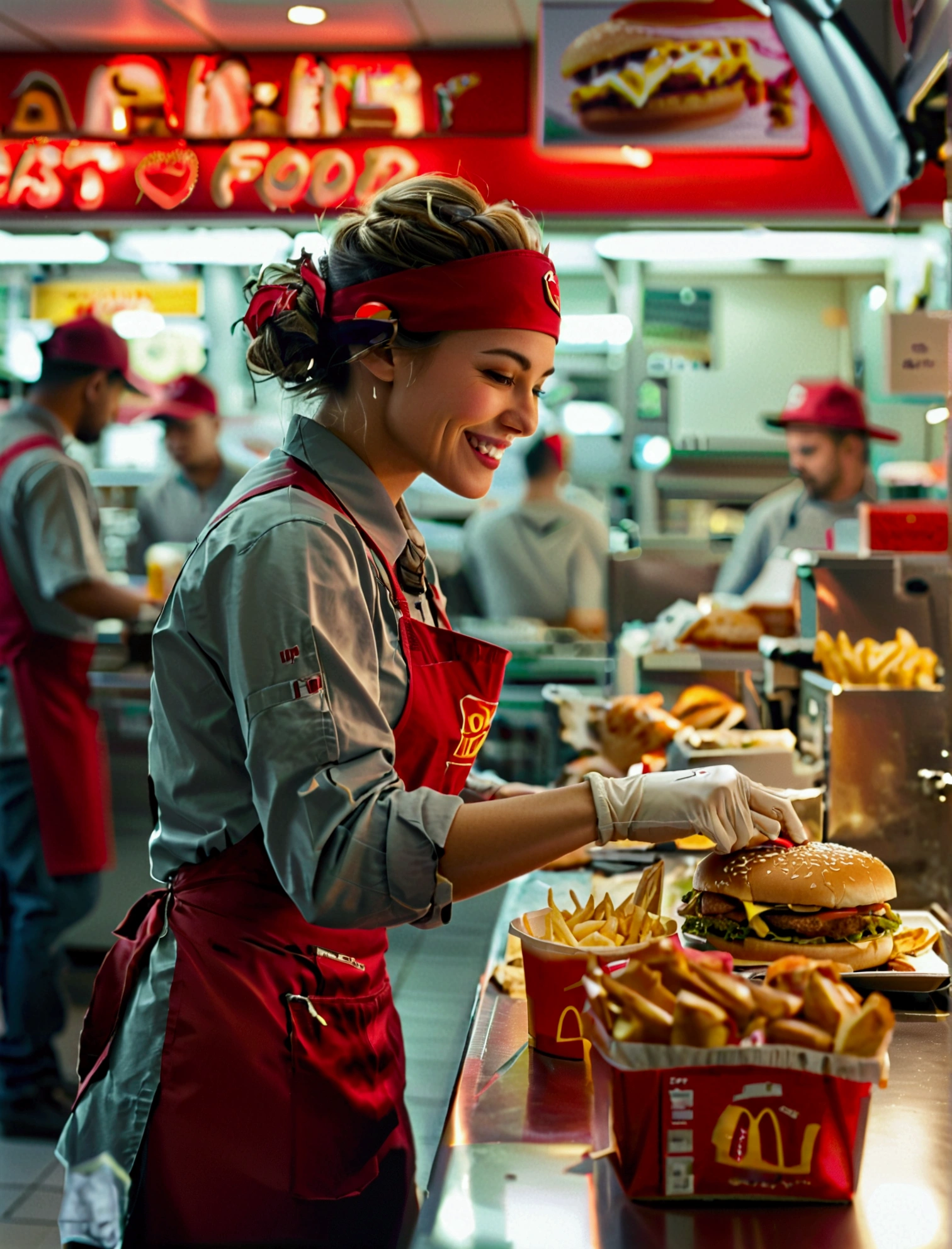 Aphotorealistic, ultra-detailed representation of a dedicated fast food worker serving customers behind the counter in an upper body shot. The individual, showcasing a genuine smile, is skillfully multitasking, handling various orders with precision and attention to detail. Their uniform, emblazoned with the familiar logos of the fast food chain, is worn neatly, and their hands move with dexterity as they assemble meals. The background is a blur of movement, customers lining up to place their orders. The scene is brightly lit, highlighting the worker's focused expression and the intricate mechanisms of the fast food assembly line. The image is shot in 8K UHD,