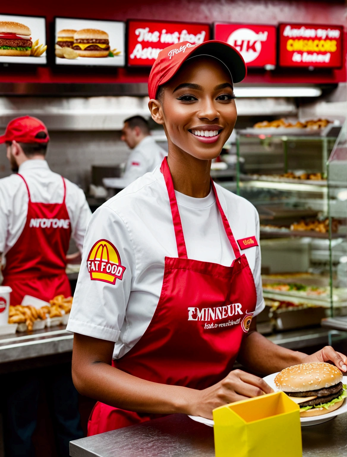 Aphotorealistic, ultra-detailed representation of a dedicated fast food worker serving customers behind the counter in an upper body shot. The individual, showcasing a genuine smile, is skillfully multitasking, handling various orders with precision and attention to detail. Their uniform, emblazoned with the familiar logos of the fast food chain, is worn neatly, and their hands move with dexterity as they assemble meals. The background is a blur of movement, customers lining up to place their orders. The scene is brightly lit, highlighting the worker's focused expression and the intricate mechanisms of the fast food assembly line. The image is shot in 8K UHD,