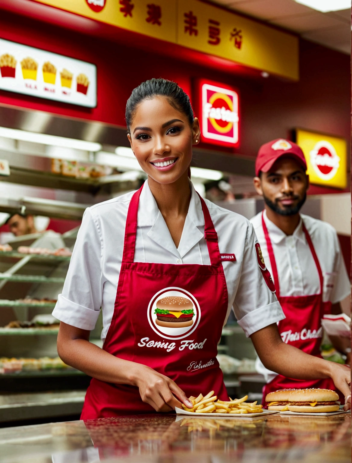 Aphotorealistic, ultra-detailed representation of a dedicated fast food worker serving customers behind the counter in an upper body shot. The individual, showcasing a genuine smile, is skillfully multitasking, handling various orders with precision and attention to detail. Their uniform, emblazoned with the familiar logos of the fast food chain, is worn neatly, and their hands move with dexterity as they assemble meals. The background is a blur of movement, customers lining up to place their orders. The scene is brightly lit, highlighting the worker's focused expression and the intricate mechanisms of the fast food assembly line. The image is shot in 8K UHD,