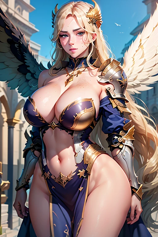 beautiful woman in golden Norse armor, goddess Freya (woman paladin, woman knight), (top quality, 8K, best quality, beautiful and aesthetic), (a woman), (Goddess Freya), Norse Goddess, European Woman, shining eyes, light blue eyes, loose hair, long hair, blonde hair, large breasts, Cleavage, seductive lips, beautiful woman, mature woman, attractive woman, voluptuous woman, Perfect body, freckles on the face, necklace, brisingamen freya necklace, Emphasis on armor, golden armor, shoulder armor, waist armor, wrist armor, shining armor, shining armor, a blonde Asgardian heroine, golden details, (((Nordic helmet with golden wings))), seductive expression, winking left eye, blonde hair , long hair, blue eyes, (detailed eyes, detailed face), detailed hands, pretty face, soft face, Show her in a heroic pose, detailed armor,