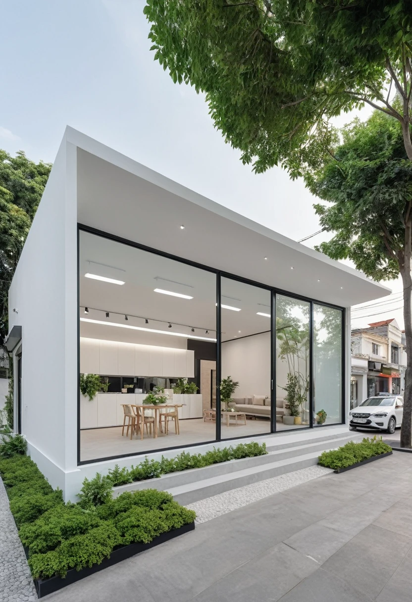 A modern one-story house with a small furniture showroom, with a facade less than 5 meters wide. The design includes large glass windows and doors, vertical display shelves, large mirrors, and well-placed lighting inside the showroom. The exterior features white and pastel tones with integrated green plants. The house is located on a street corner with a sidewalk and trees, providing a welcoming atmosphere. The showroom layout is organized for easy movement and optimal product visibility
