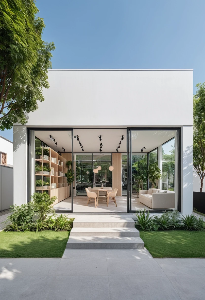 A modern one-story house with a small furniture showroom, with a facade less than 5 meters wide. The design includes large glass windows and doors, vertical display shelves, large mirrors, and well-placed lighting inside the showroom. The exterior features white and pastel tones with integrated green plants. The house is located on a street corner with a sidewalk and trees, providing a welcoming atmosphere. The showroom layout is organized for easy movement and optimal product visibility