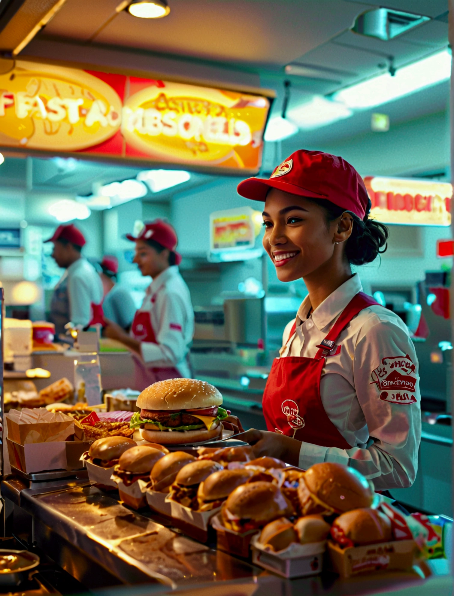 Aphotorealistic, ultra-detailed representation of a dedicated fast food worker serving customers behind the counter in an upper body shot. The individual, showcasing a genuine smile, is skillfully multitasking, handling various orders with precision and attention to detail. Their uniform, emblazoned with the familiar logos of the fast food chain, is worn neatly, and their hands move with dexterity as they assemble meals. The background is a blur of movement, customers lining up to place their orders. The scene is brightly lit, highlighting the worker's focused expression and the intricate mechanisms of the fast food assembly line. The image is shot in 8K UHD,