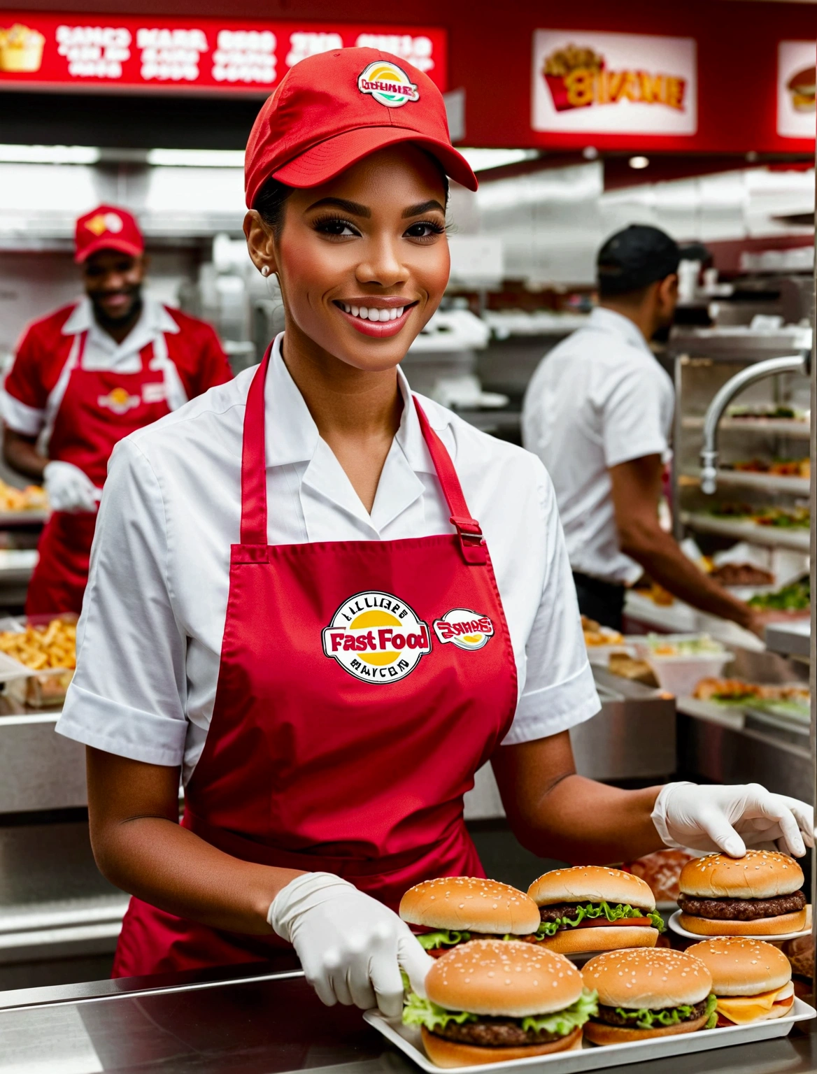Aphotorealistic, ultra-detailed representation of a dedicated fast food worker serving customers behind the counter in an upper body shot. The individual, showcasing a genuine smile, is skillfully multitasking, handling various orders with precision and attention to detail. Their uniform, emblazoned with the familiar logos of the fast food chain, is worn neatly, and their hands move with dexterity as they assemble meals. The background is a blur of movement, customers lining up to place their orders. The scene is brightly lit, highlighting the worker's focused expression and the intricate mechanisms of the fast food assembly line. The image is shot in 8K UHD,