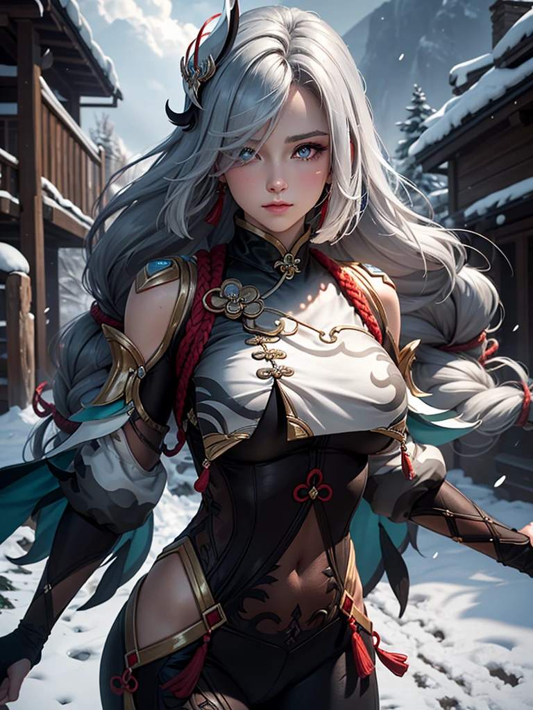 shenhedef, upper body, seductive look, blush, outdoors, snowflake scenery, looking at viewer, cloudy, moody lighting, (perfect detail eyes:1.2), glowing eyes, (long hair one braid:1.2), elemental skill effect, (Masterpiece, Best Quality, High Quality:1.4), professional artwork, Intricate Details, field of view, sharp focus, detailed painting, photorealistic lighting, trending on pixiv, (vivid lighting, vibrant colors:1.05), realistic shadows, ambient occlusion, (athletic body:1.3), mature woman, 30yo, colors RGB 

