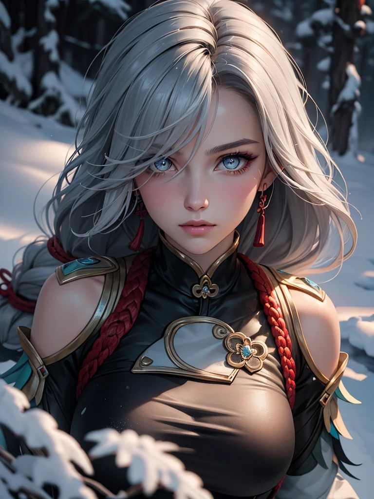 shenhedef, upper body, seductive look, blush, outdoors, snowflake scenery, looking at viewer, cloudy, moody lighting, (perfect detail eyes:1.2), glowing eyes, (long hair one braid:1.2), elemental skill effect, (Masterpiece, Best Quality, High Quality:1.4), professional artwork, Intricate Details, field of view, sharp focus, detailed painting, photorealistic lighting, trending on pixiv, (vivid lighting, vibrant colors:1.05), realistic shadows, ambient occlusion, (athletic body:1.3), mature woman, 30yo, colors RGB 
