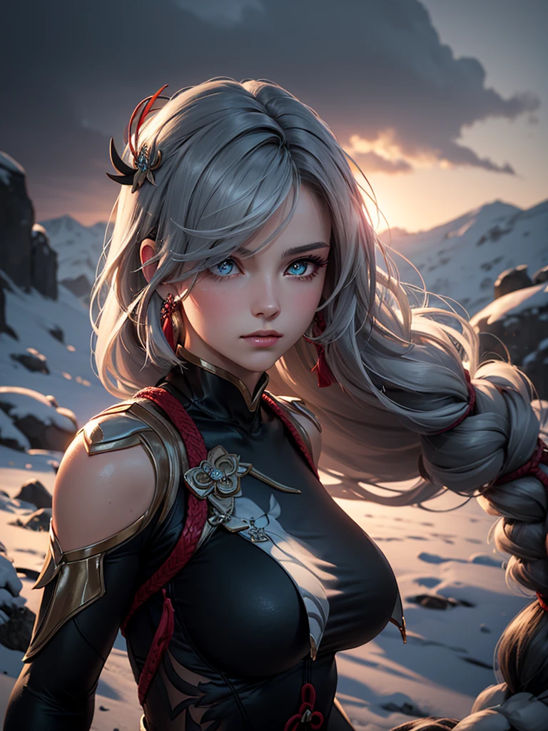 shenhedef, upper body, seductive look, blush, outdoors, snowflake scenery, looking at viewer, cloudy, moody lighting, (perfect detail eyes:1.2), glowing eyes, (long hair one braid:1.2), elemental skill effect, (Masterpiece, Best Quality, High Quality:1.4), professional artwork, Intricate Details, field of view, sharp focus, detailed painting, photorealistic lighting, trending on pixiv, (vivid lighting, vibrant colors:1.05), realistic shadows, ambient occlusion, (athletic body:1.3), mature woman, 30yo, colors RGB