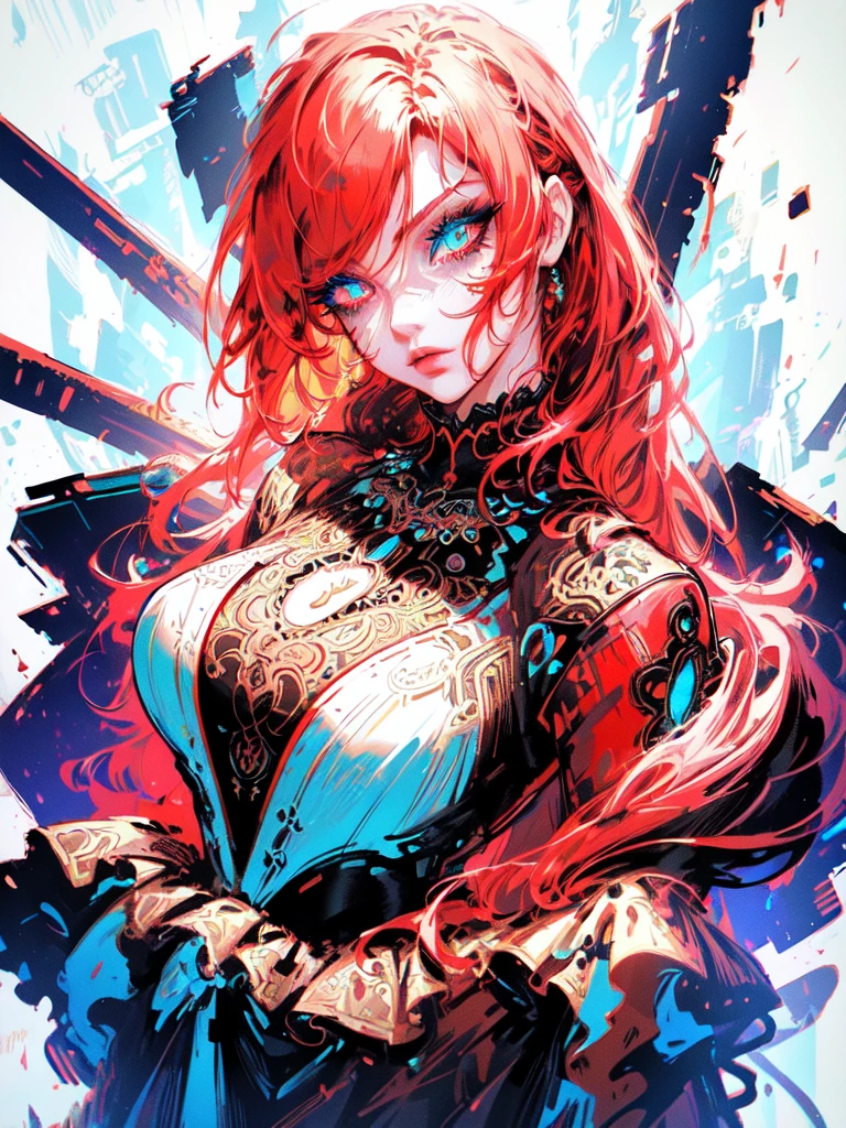 Red hair color,(masterpiece, best quality),(1 lady),(solo),(artstation),(dynamic),(charming),(magical),(unreal engine),(fantastically beautiful),(illustration),(dramatic lighting),(rave background),(neon glow),(maximalist),(extremely detailed eyes and face),(long eyelashes),(intricate details),(vibrant colors),(cinematic lighting),(fantasy portrait)
