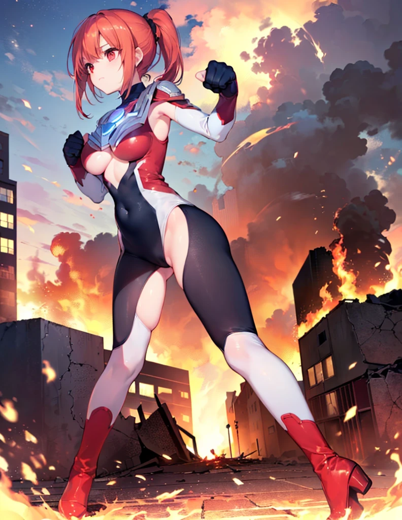 Realistic,Highest quality, Ultra Detail, High-quality CG rendering, The most delicate and beautiful, Floating softly, High resolution, (1 giant girl), (Highest quality,4K,8K,masterpiece:1.2),(All red hair:1.5), (ponytail:1.5),(Red eyes:1.5), (Ultra Girl:1.0), (All red Ultraman bodysuit:1.4),(Do not expose your skin:1.4),(Slightly larger breasts:1.5),(Clenched Fist:1.2),(Place your hands in front of your chest:1.3),(Red gloves:1.3),(Red Shoes:1.3),(whole body:1.3),(front:1.2),(Are standing:1.3),(A city engulfed in flames:1.3),(Buildings in flames:1.3),(Burning Ruins:1.3),(Fighting Pose:1.3),(Put your right hand forward:1.3),(Turn your back to your audience:1.3),Butt