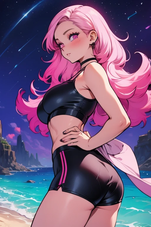 Perfect face. Perfect hands. A pink haired woman with violet eyes with an hourglass figure in a crop top and shorts is posing at the beach at night with her ass in the air with a blush