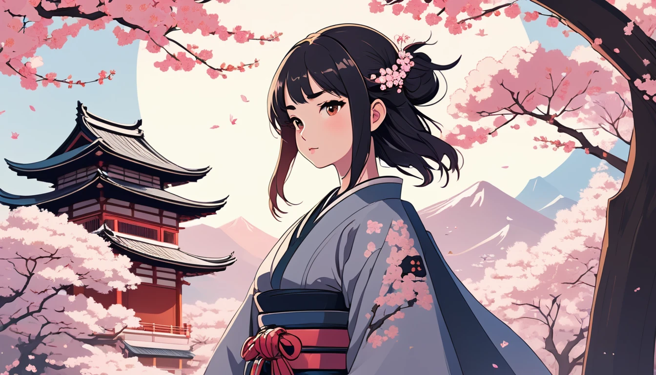 Female samurai,Background is cherry blossoms and a Japanese temple、 Wide-angle lens, Lofi Anime, Lofi illustration, Aesthetic atmosphere, Lo-Fi Style, Vector art, Flat Design, Simple shape, Warm tones, Pleasant atmosphere, Chill, In anime style, Digital drawing, Vector art, Vector logo for t-shirt printing, (Adorable:1.5), (small:1.4), (Playful:1.2), (soft:1.3), (Whimsical:1.1), masterpiece, Highest quality, 8K, Intricate details, grow, Celestial, Mysterious, Picturesque, amazing, Majestic, Magic, Fantasy art, Cover art, dream-like