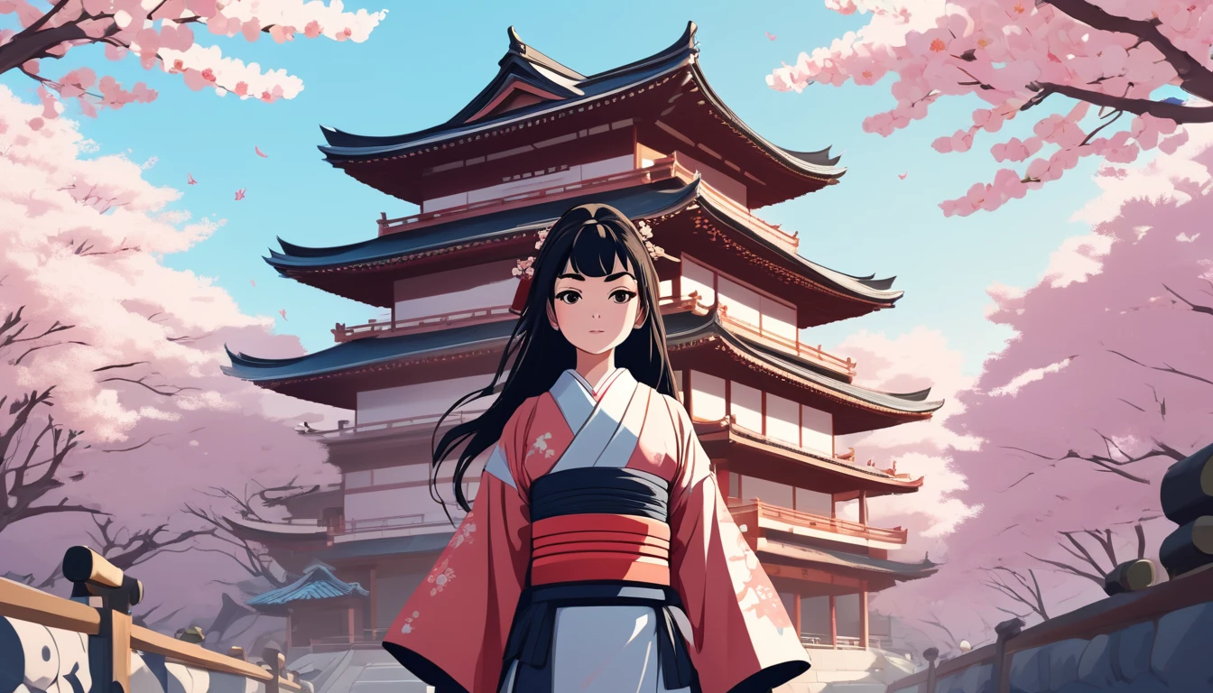 Female samurai,Background is cherry blossoms and a Japanese temple、 Wide-angle lens, Lofi Anime, Lofi illustration, Aesthetic atmosphere, Lo-Fi Style, Vector art, Flat Design, Simple shape, Warm tones, Pleasant atmosphere, Chill, In anime style, Digital drawing, Vector art, Vector logo for t-shirt printing, (Adorable:1.5), (small:1.4), (Playful:1.2), (soft:1.3), (Whimsical:1.1), masterpiece, Highest quality, 8K, Intricate details, grow, Celestial, Mysterious, Picturesque, amazing, Majestic, Magic, Fantasy art, Cover art, dream-like