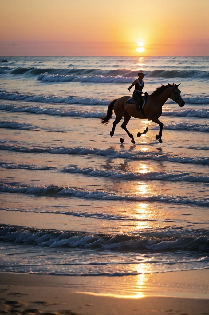 Horses running on beach sunset
